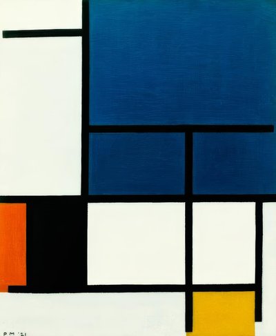 Composition with Large Blue Area, Red, Black, Yellow and by Piet Mondrian